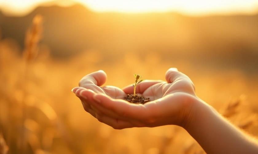 Open hands cradling a tiny sprout in a golden field at sunset
