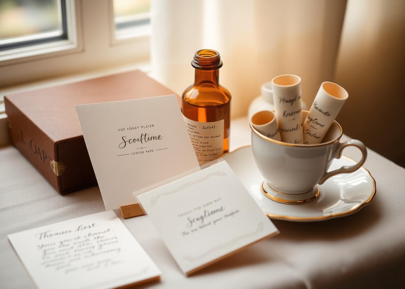 Handwritten greeting cards, a scripture-filled bottle, and a teacup on a linen table